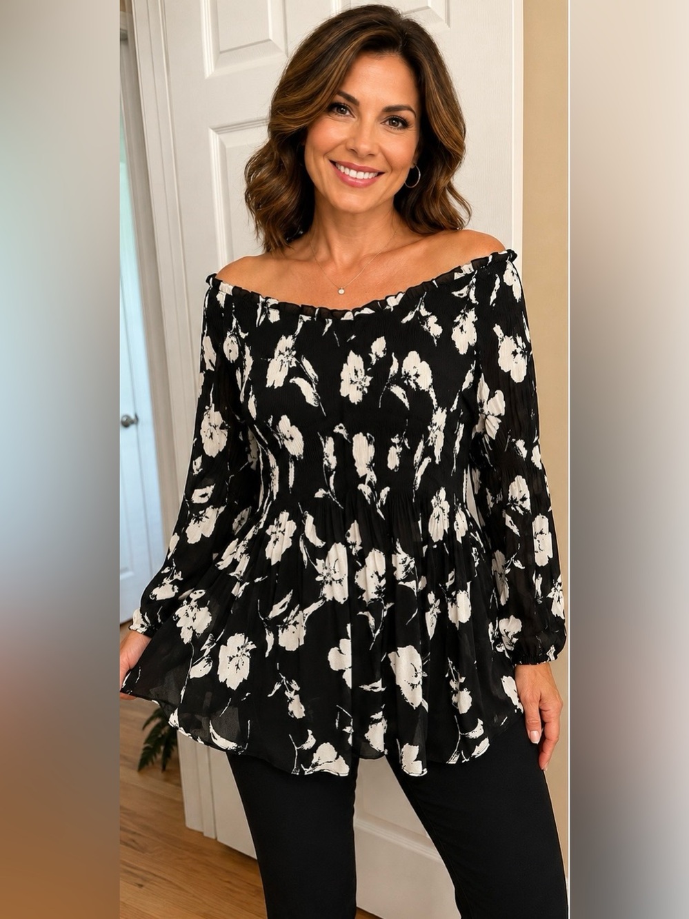 NWT Ninety Clothing Co Black White Floral Peplum Blouse Size Large